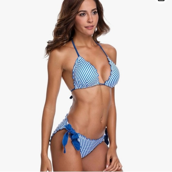 UPF50+ Sun Protection Bikini Blue White Striped Ruffle Large - Picture 4 of 8